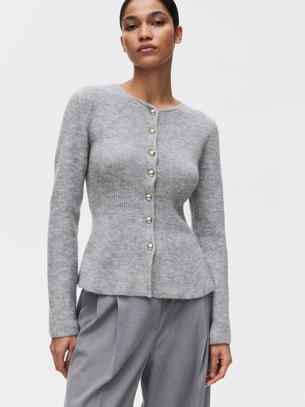 H&M Light Gray Ribbed Button-Front Peplum Cardigan Sz Medium
